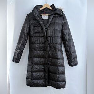 Moncler Coat Women’s Small Black Down Puffer Fur Trim Hooded Long Parka Jacket